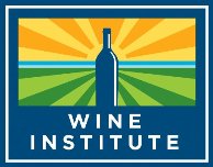 Wine Institute logo, a wine bottle in front of a golden horizon with rows of greenery